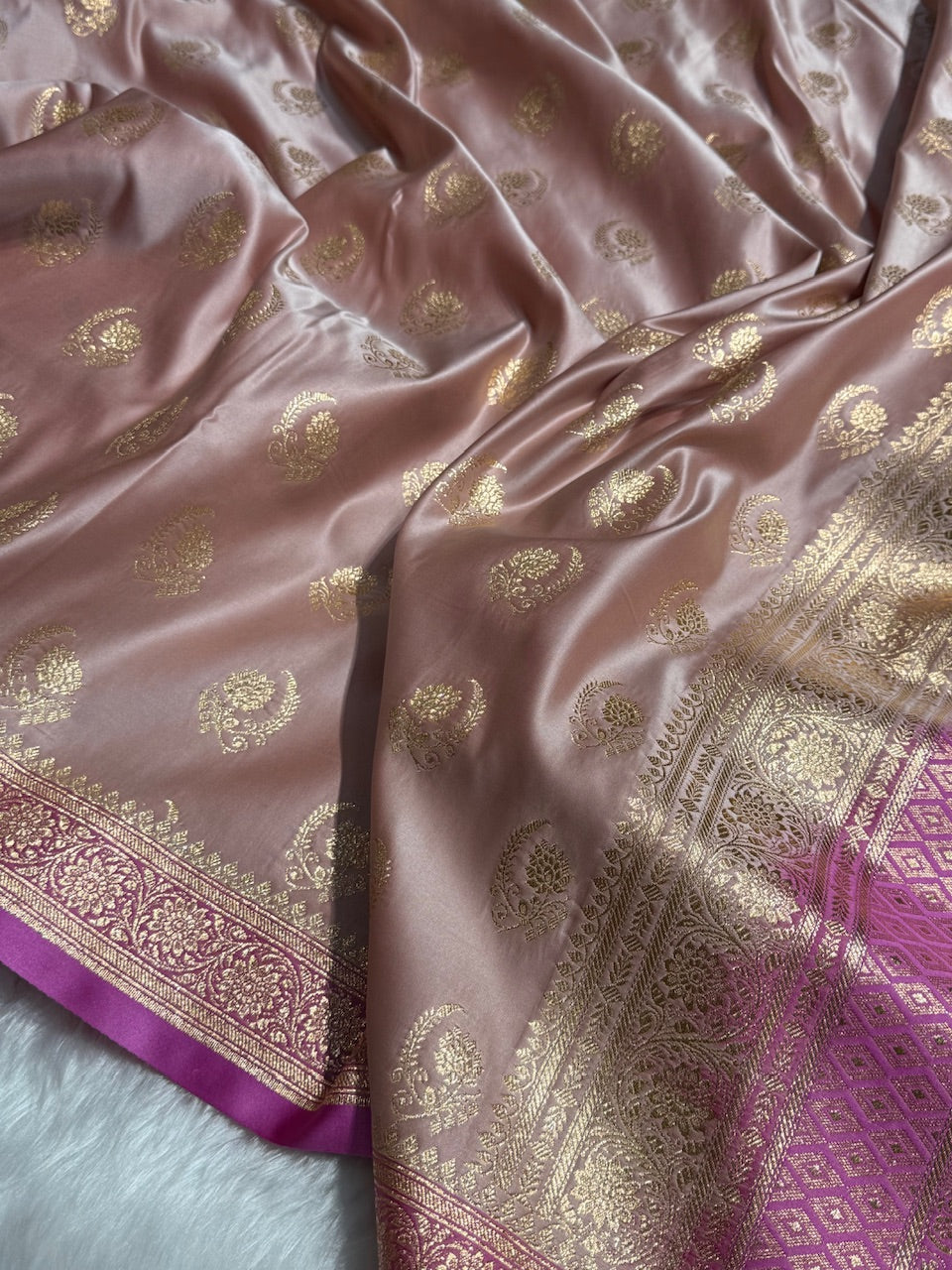 Rose Gold with Lavender Floral Boota Satin Katan Silk saree SK27