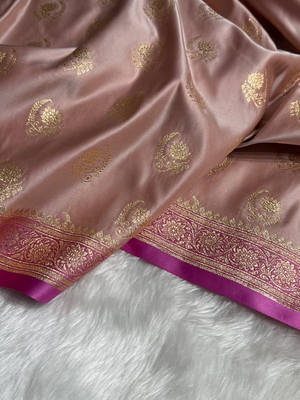 Rose Gold with Lavender Floral Boota Satin Katan Silk saree SK27