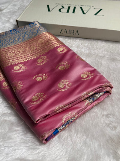 Baby Pink with Firozy Floral Boota Satin Katan Silk saree SK27