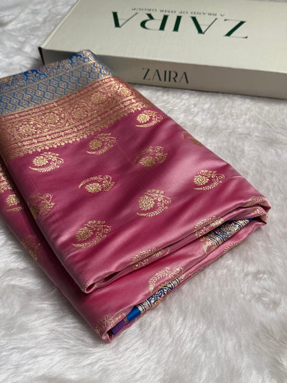 Baby Pink with Firozy Floral Boota Satin Katan Silk saree SK27