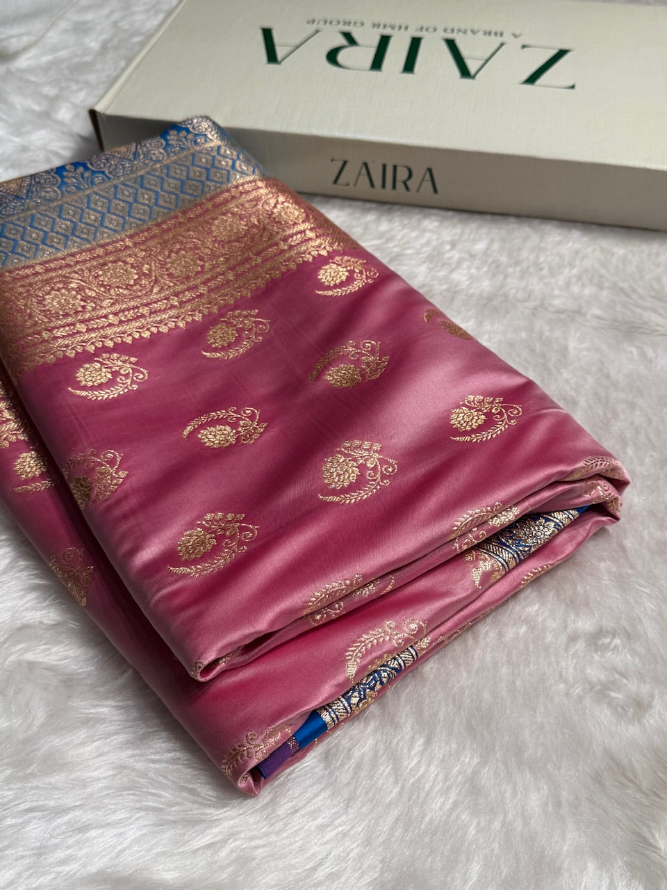 Baby Pink with Firozy Floral Boota Satin Katan Silk saree SK27