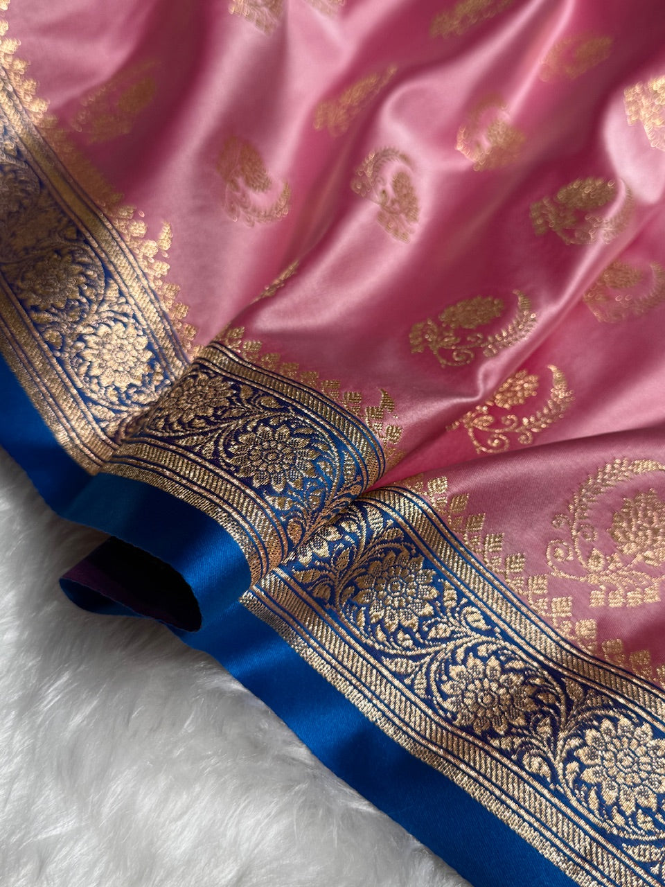 Baby Pink with Firozy Floral Boota Satin Katan Silk saree SK27