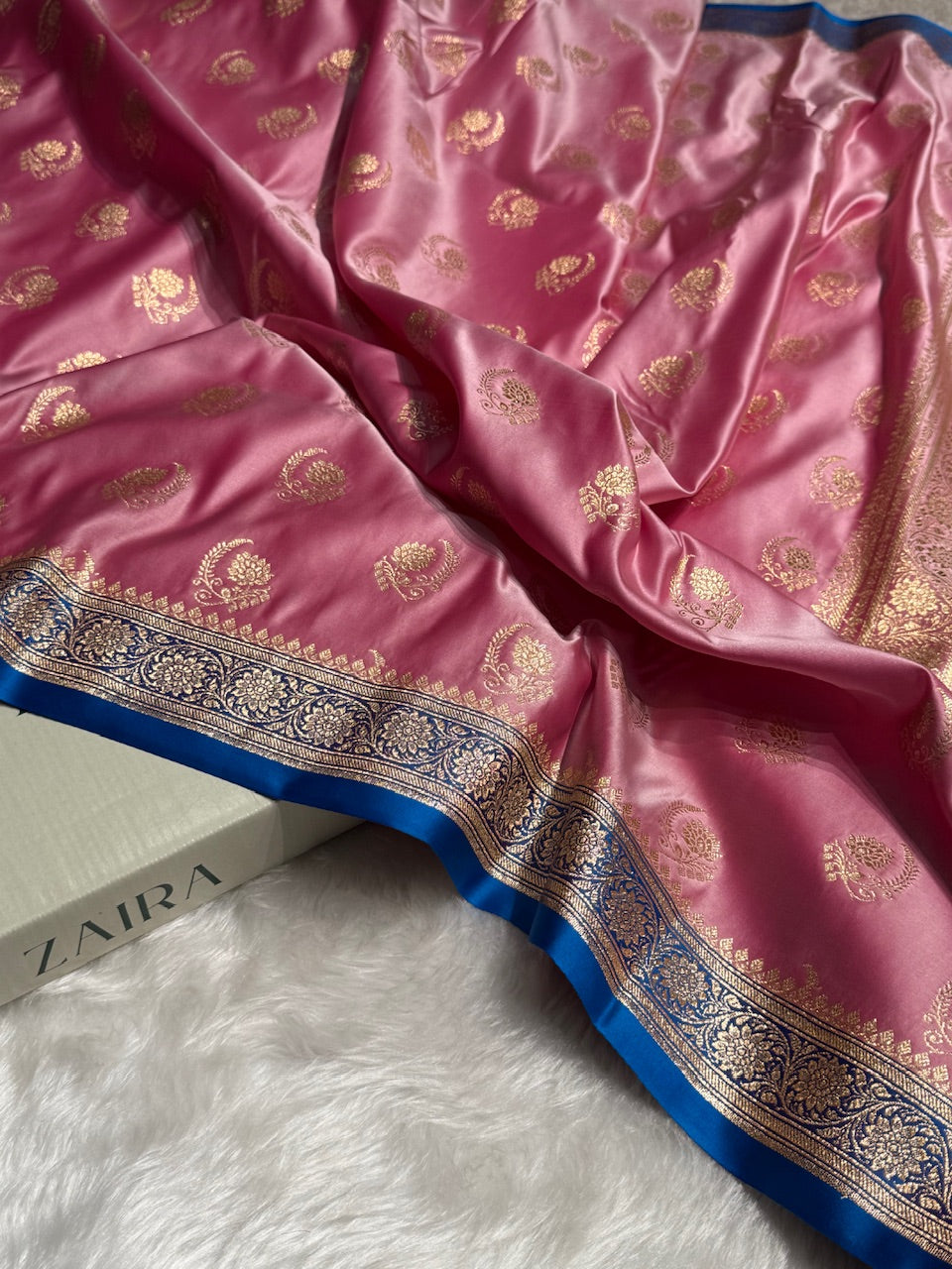 Baby Pink with Firozy Floral Boota Satin Katan Silk saree SK27