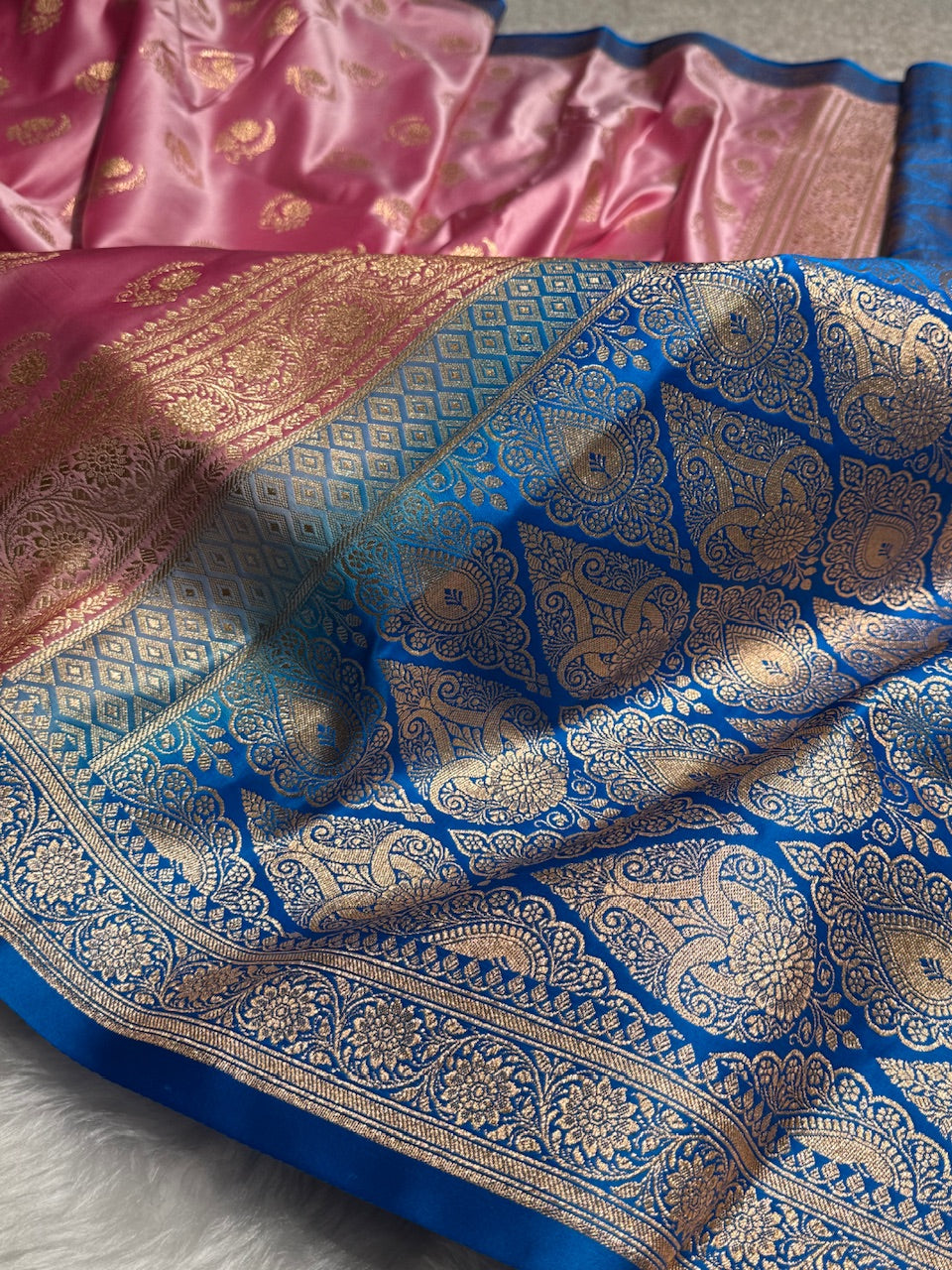Baby Pink with Firozy Floral Boota Satin Katan Silk saree SK27