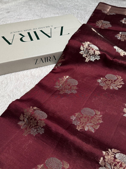 Cocoa Bean Flower Booti Pure Caramel Silk Saree