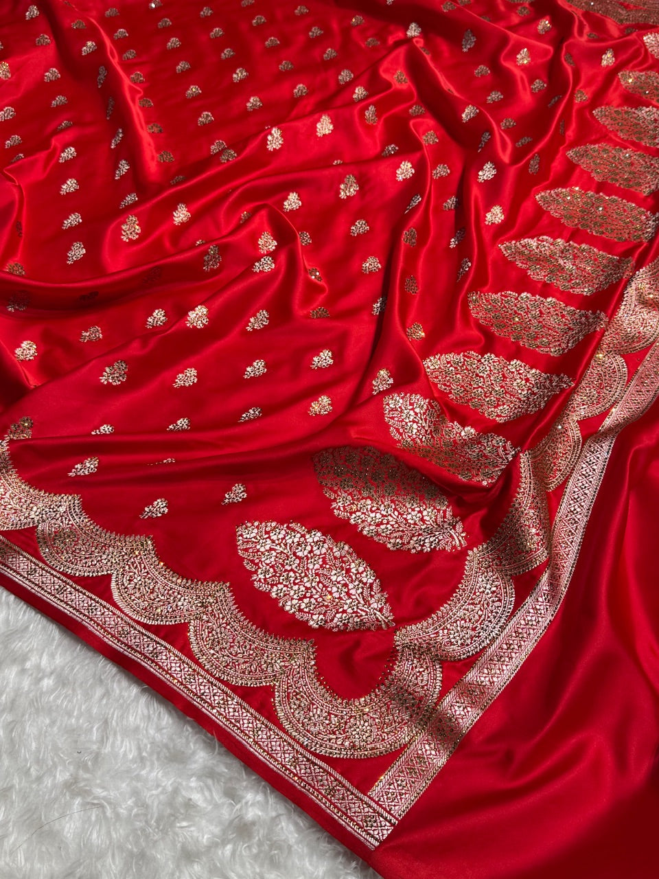 Red Scallop Mashru Silk with Swarovski work