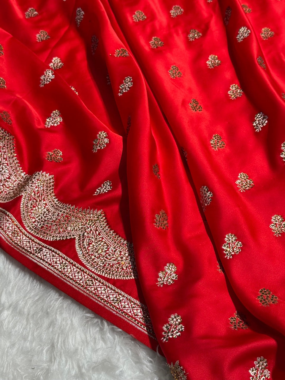 Red Scallop Mashru Silk with Swarovski work