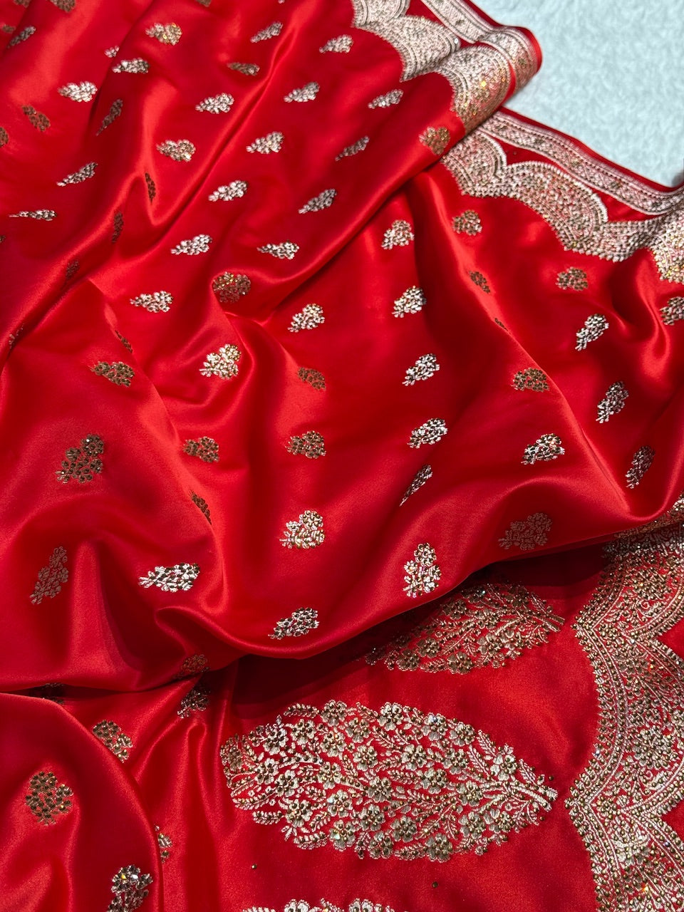 Red Scallop Mashru Silk with Swarovski work