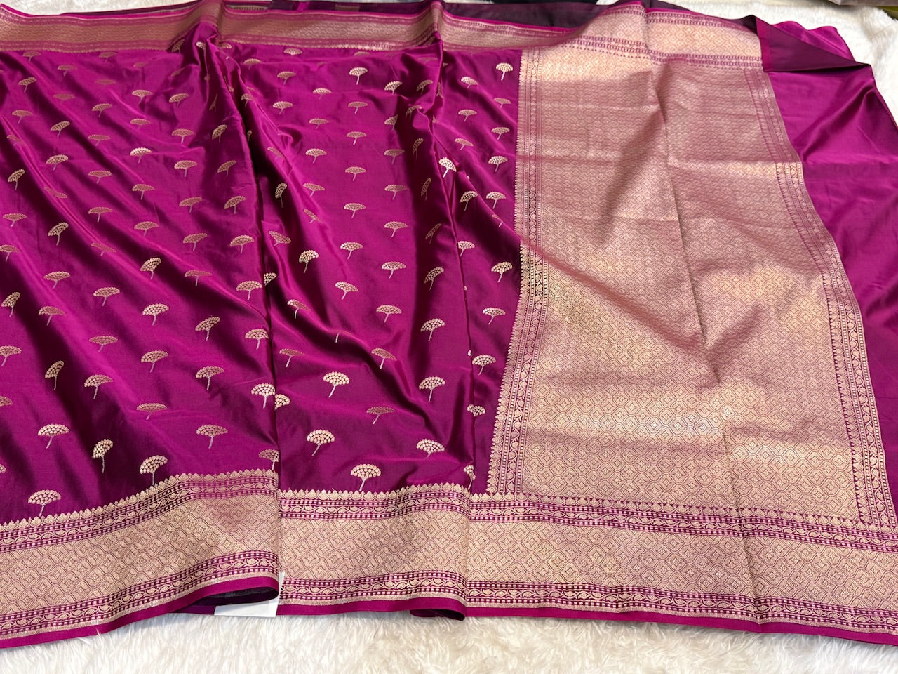 Wine Berry floral Motif Mashru Silk Saree