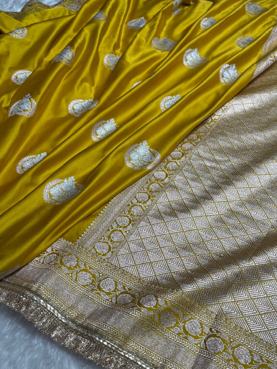 Mustard Minakari Boota Mashru Silk Saree with Gota Patti