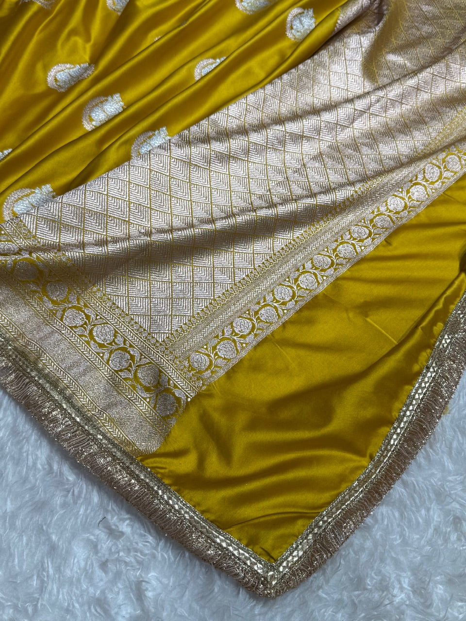 Mustard Minakari Boota Mashru Silk Saree with Gota Patti