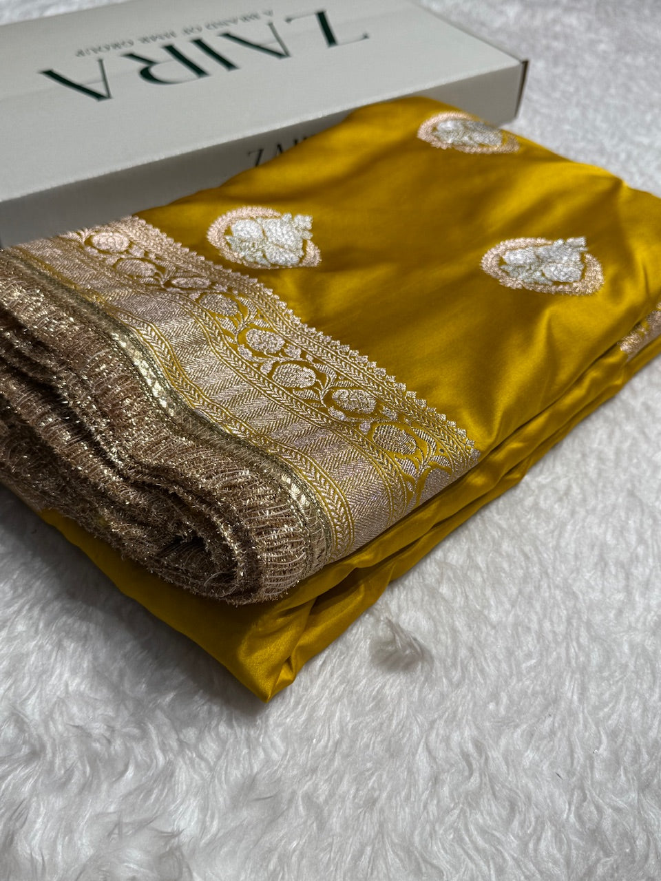 Mustard Minakari Boota Mashru Silk Saree with Gota Patti