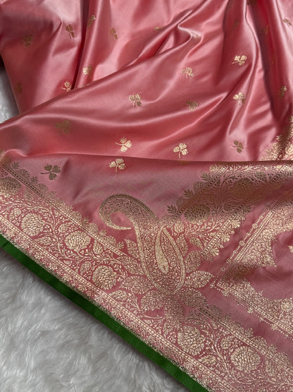Baby Pink Booti Katan Silk with Green Border Edge and Brocade Blouse SK09