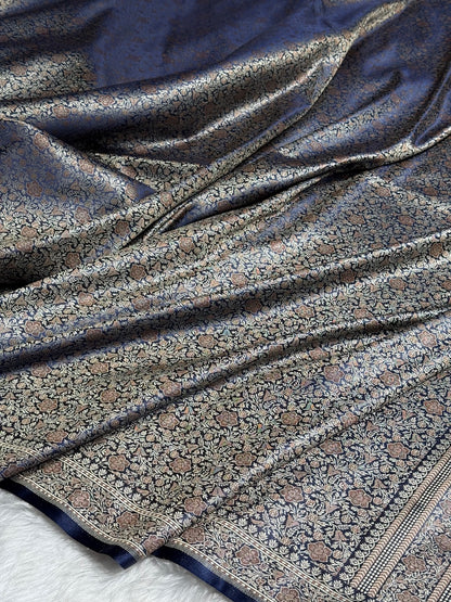 Navy Blue Jamawar Tanchoi Katan Silk Saree SKTM-14