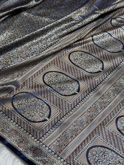 Navy Blue Jamawar Tanchoi Katan Silk Saree SKTM-14
