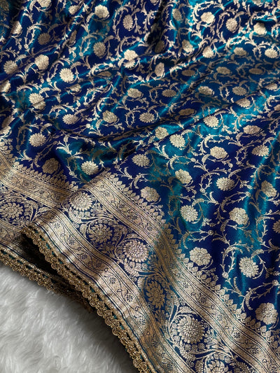 Peacock Teal Blue Jaal Satin Silk Saree With Gota Patti SSGP13