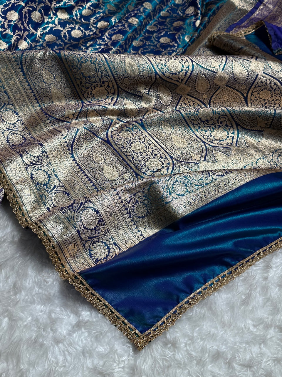 Peacock Teal Blue Jaal Satin Silk Saree With Gota Patti