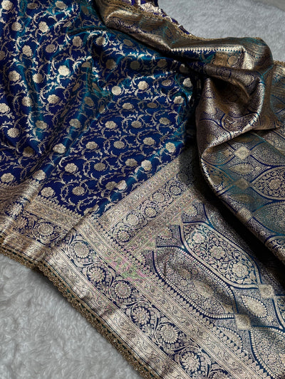 Peacock Teal Blue Jaal Satin Silk Saree With Gota Patti SSGP13