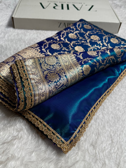 Peacock Teal Blue Jaal Satin Silk Saree With Gota Patti
