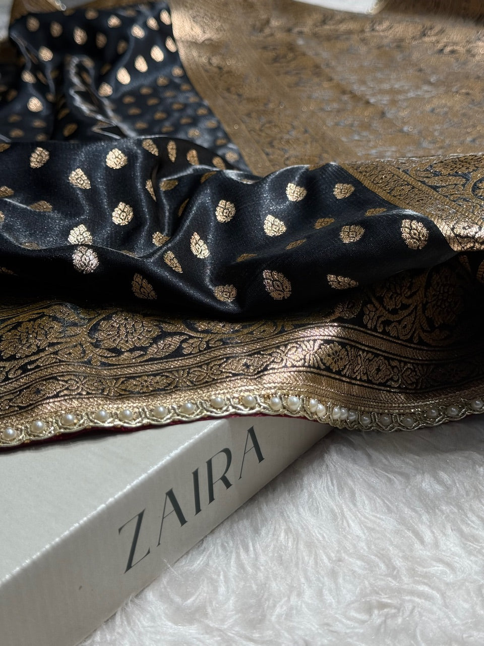 Satin Silk Booti in Black With Gota Patti