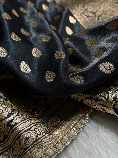 Satin Silk Booti in Black With Gota Patti