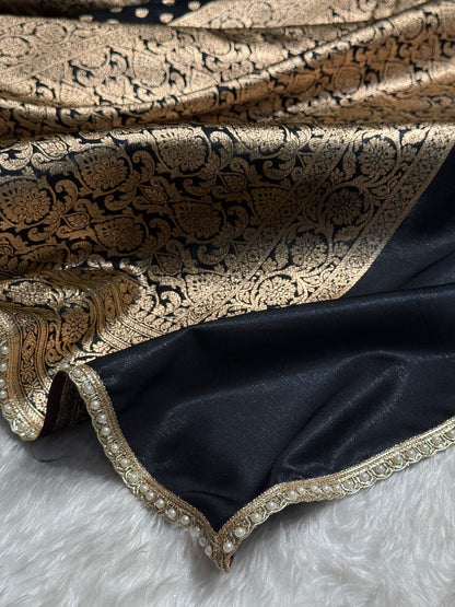 Satin Silk Booti in Black With Gota Patti