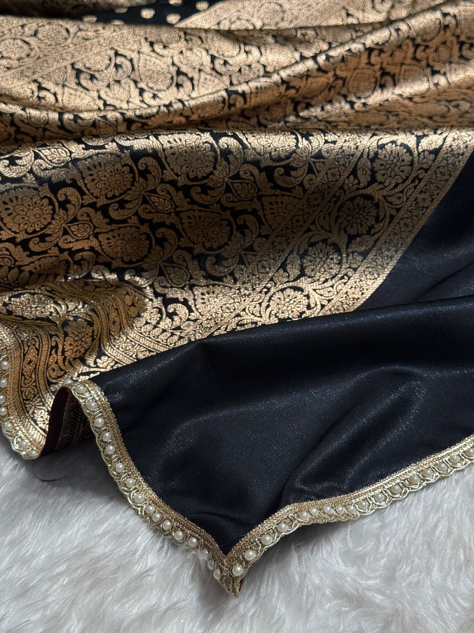 Satin Silk Booti in Black With Gota Patti