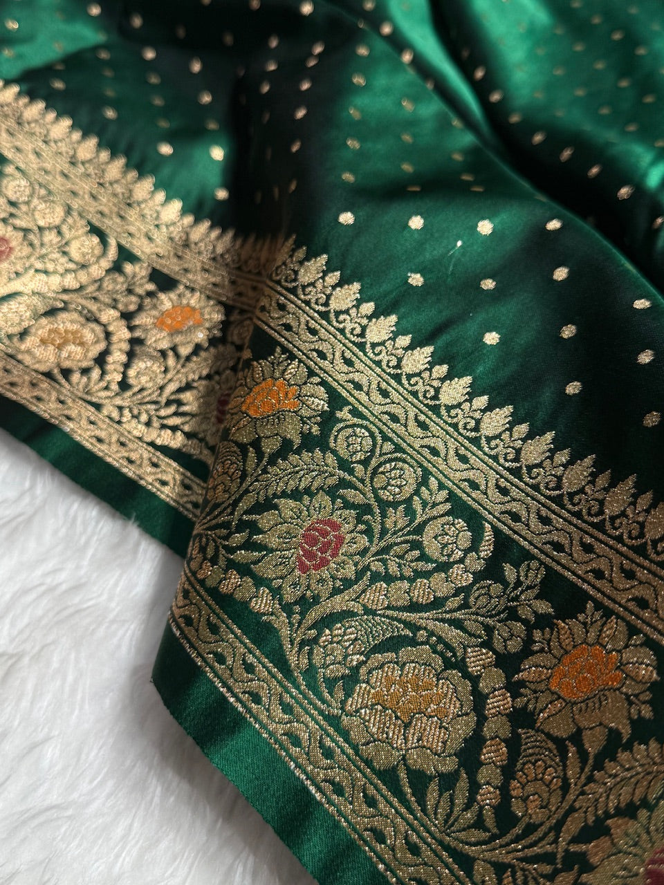 Bottle Green Banarasi Booti Katan Silk Saree