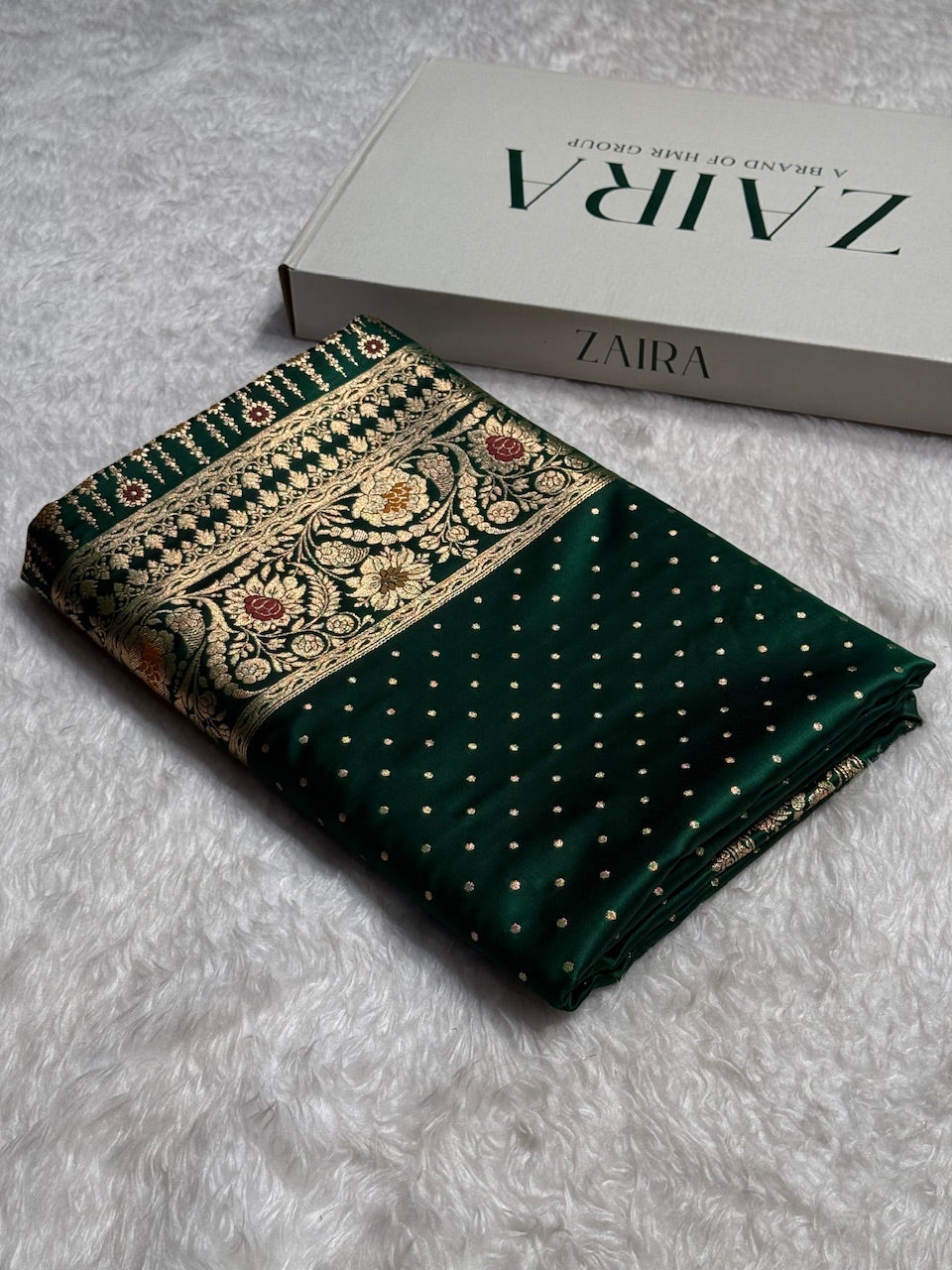 Bottle Green Banarasi Booti Katan Silk Saree