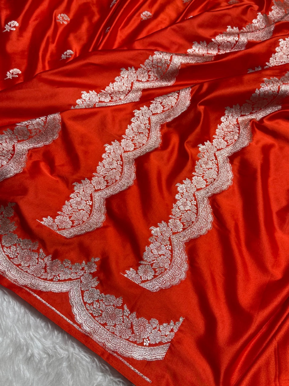 Scallop Orange Booti Mashru Silk Saree