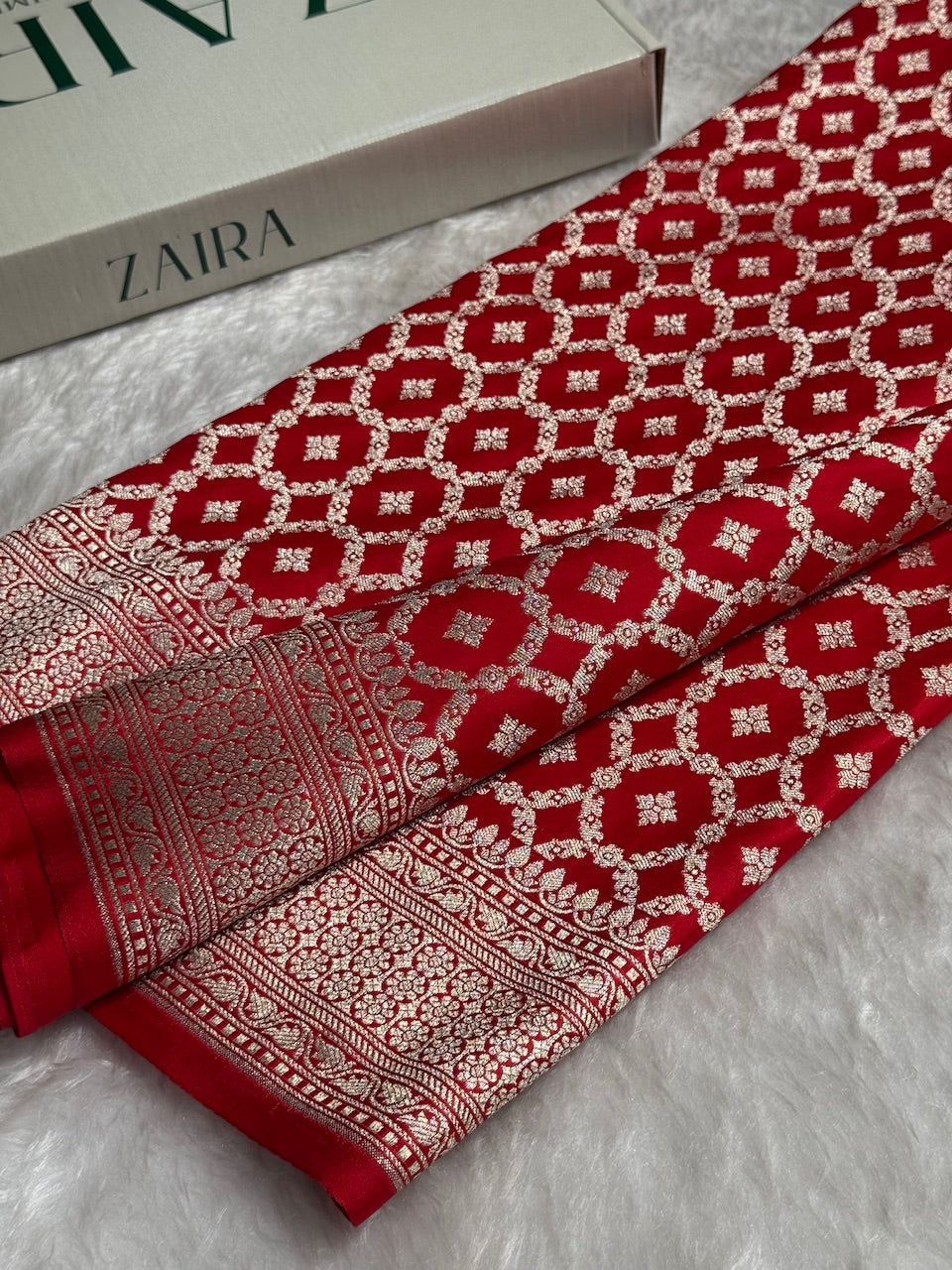 Red Jamawar Tanchoi Jaal Katan Silk Saree SKTM-16