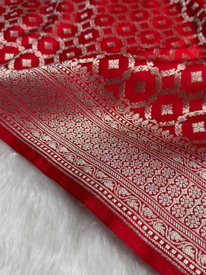Red Jamawar Tanchoi Jaal Katan Silk Saree SKTM-16