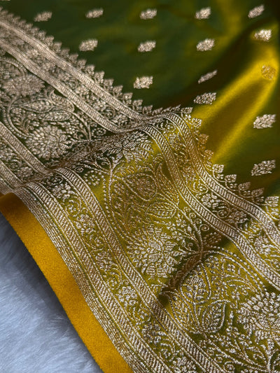 Mehandi Booti Pattern Satin Katan Silk Saree SK53