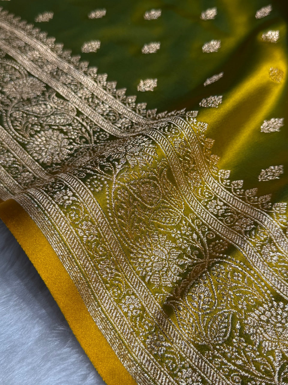 Mehandi Booti Pattern Satin Katan Silk Saree SK53