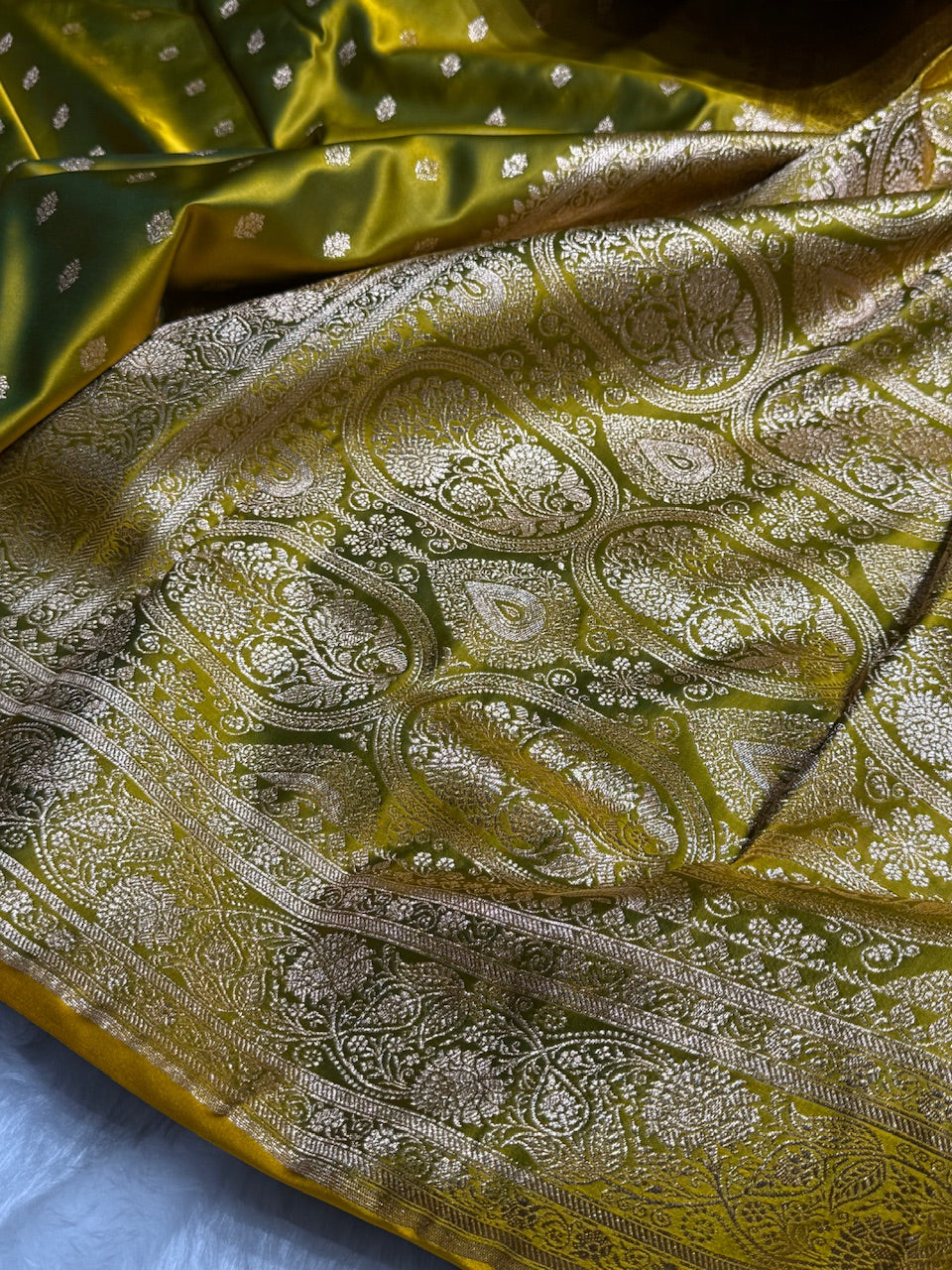 Mehandi Booti Pattern Satin Katan Silk Saree SK53