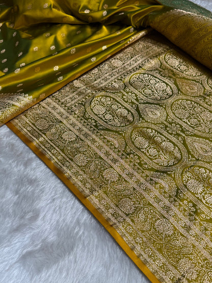 Mehandi Booti Pattern Satin Katan Silk Saree SK53