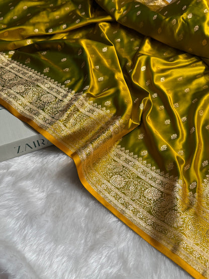 Mehandi Booti Pattern Satin Katan Silk Saree SK53