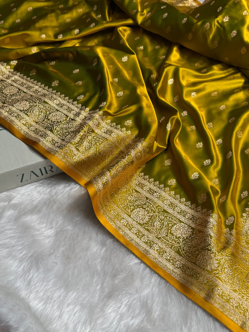 Mehandi Booti Pattern Satin Katan Silk Saree SK53