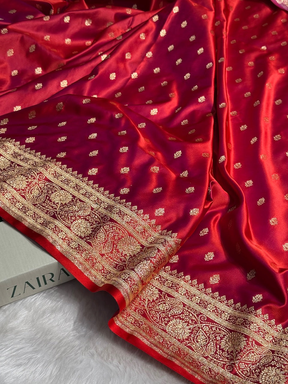 Red Booti Pattern Satin Katan Silk Saree SK53