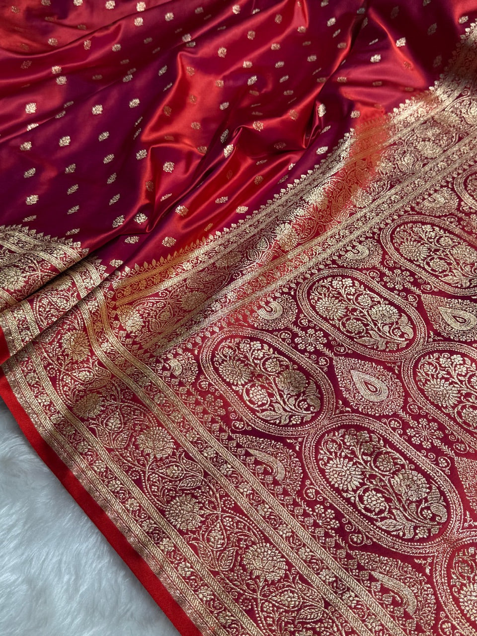 Red Booti Pattern Satin Katan Silk Saree SK53