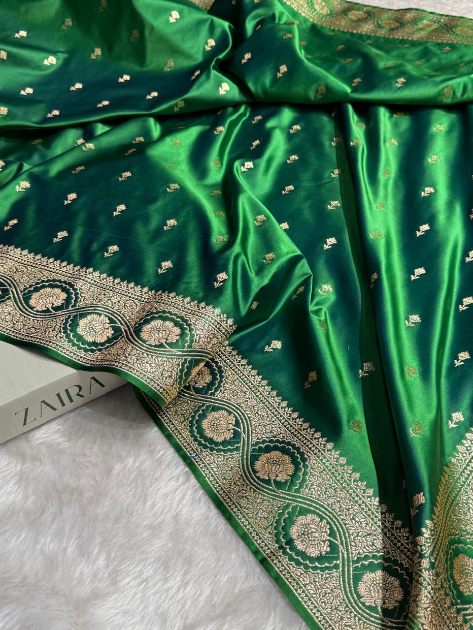 Bottle Green Booti Pattern Satin Katan Silk Saree SK54