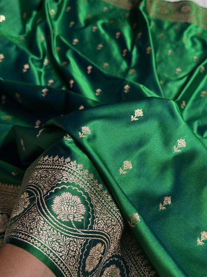 Bottle Green Booti Pattern Satin Katan Silk Saree SK54