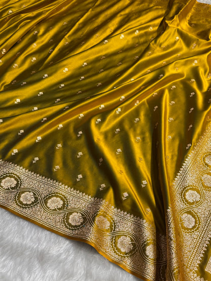 Mehandi Booti Pattern Satin Katan Silk Saree SK54
