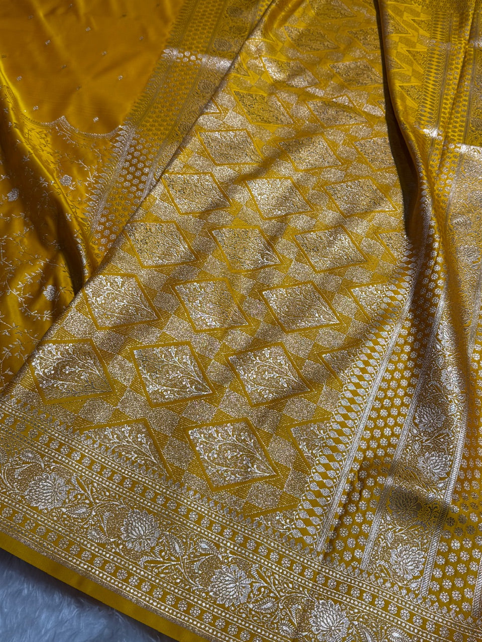 Yellow Banarasi Jaal Katan Silk Saree