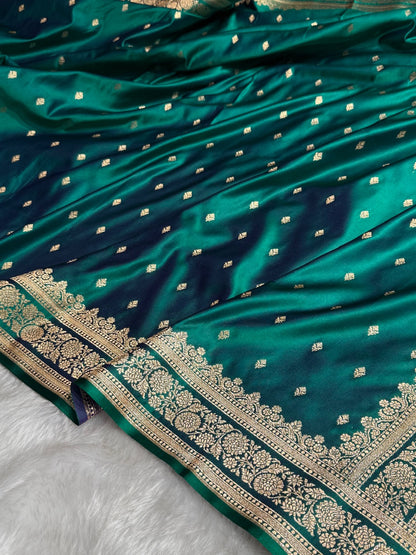 Peacock Green Booti Pattern Satin Katan Silk Saree SK51