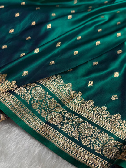 Peacock Green Booti Pattern Satin Katan Silk Saree SK51