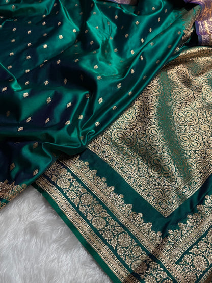 Peacock Green Booti Pattern Satin Katan Silk Saree SK51