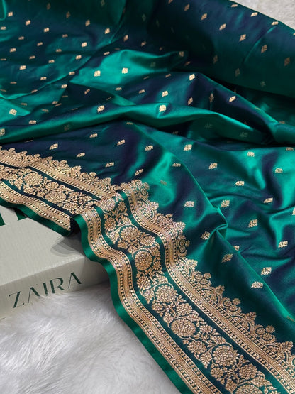 Peacock Green Booti Pattern Satin Katan Silk Saree SK51