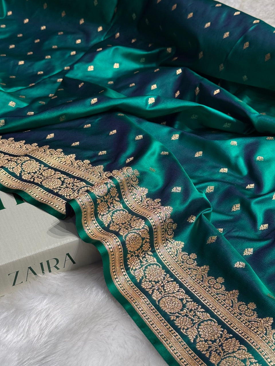 Peacock Green Booti Pattern Satin Katan Silk Saree SK51