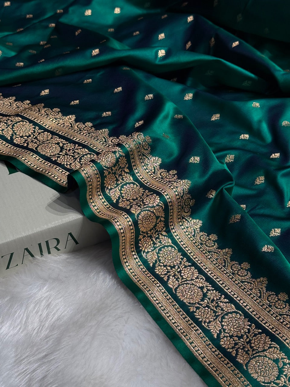 Peacock Green Booti Pattern Satin Katan Silk Saree SK51